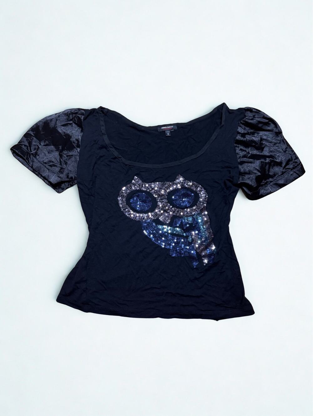 Vtg Y2K Miss Sixty Diamond Black Silver Sequined Owl Fitted Puff Sleeve Top